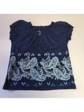 Faded Glory Womens XL Paisley Blouse Navy Boho Peasant Top Plus Size